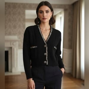 Cider Black Preppy Cable Knit Cardigan w/ Golden Trim & Buttons Size M